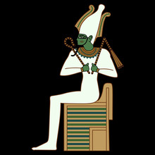 Isolated Vector Illustration. Ancient Egyptian God Osiris Sitting On Throne. Cartoon Style. On Black Background.
