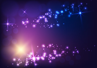 Wall Mural - Christmas abstract banner with stars, lights, flares and copy space for text on dark blue to purple.