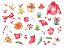 Beautiful Watercolor Hand Drawn Christmas Set With Christmas Stockings, Candy Canes, Christmas Decorations, Stars And Toys On White Background. Perfect For Wrapping Paper, Textile Design, Print.