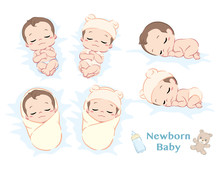 Cute Newborn Baby Boy. Poses Set. Vector Illustration.