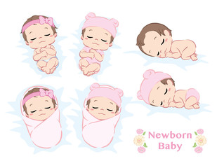 cute newborn baby girl. poses set. vector illustration.