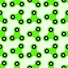Fidget Spinner. Hand Toy For Stress Relief. Seamless Pattern With Green Spinners For Wrapping Paper, Wallpaper, Web Page Background And More. Vector Illustration. EPS10.