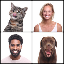 Group Of People And Pets In Front Of A White Background