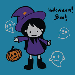 Little girl witch in a violet skirt with three ghost spirits and pumpkin and text (Hallo ween boo) on blue background.