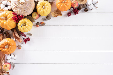 Wall Mural - top view of autumn maple leaves with pumpkin and red berries on white wooden background. thanksgivin