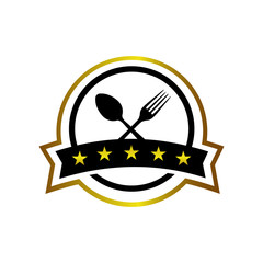 Popular Spoon and Fork symbol premium 5 star restaurant Vector logo emblem illustration