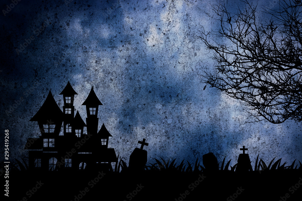 Halloween night scene with haunted house and death tree background. - obrazy, fototapety, plakaty 