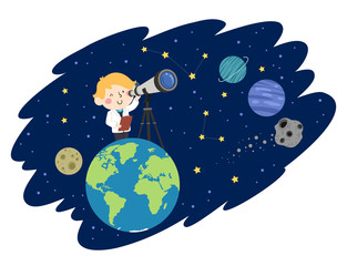 kid boy astronomer space illustration