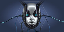 Artificial Intelligence Conceptual Design, Female Robot Face On Dark Digital Background, 3d Render