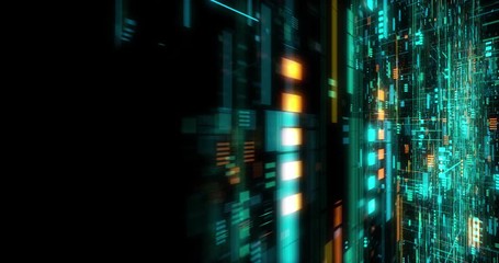 Wall Mural - seamless fly through of abstract circuitry with digital grid background, data deep learning computer