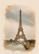 image of the Eiffel Tower and Fountain of Warsaw from Trocadero gardens, Paris, France processed in a graphic editor as an retro photo or old postcard