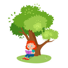 Cute Happy Kid Girl Read Under The Tree