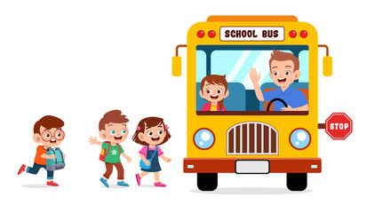 Wall Mural - happy cute kids go to school by bus