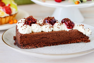 Wall Mural - Chocolate cake with whipped cream decorated with cherries in a sweet sauce.