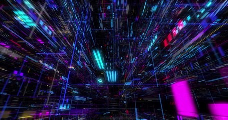 Wall Mural - seamless fly through of abstract circuitry with digital grid background, data deep learning computer