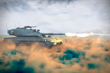 Military 3D Illustration of tank with not existing design attacking shoots in desert, high resolution tank fight concept