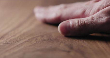 Wall Mural - Slow motion man hand touch oil finished black walnut wood surface