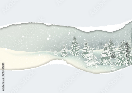 Christmas Background with Winter Snowy Landscape with Falling Snow and Flocke...