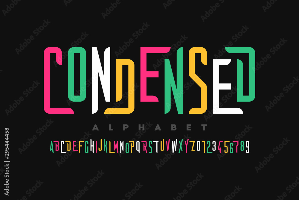Condensed style font, alphabet letters and numbers - obrazy, fototapety, plakaty 