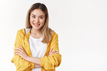 We can deal together. Cheerful cute supportive asian charismatic girl smiling delighted toothy white perfect smile cross arms chest look camera assertive determined aim success, white background