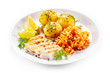 Fish dish - fried fish fillet boiled potatoes and vegetables