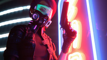 3d Illustration Of A Cyberpunk Girl In Futuristic Gas Mask With Green Glasses In Jacket With Purple El Wire Holding A Gun In One Hand Standing Near Neon Light Sign On Night Street With Air Pollution.