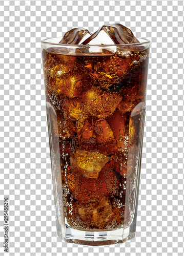 Cuadros en Lienzo Cola in tall or high glass with ice isolated on checkered background
