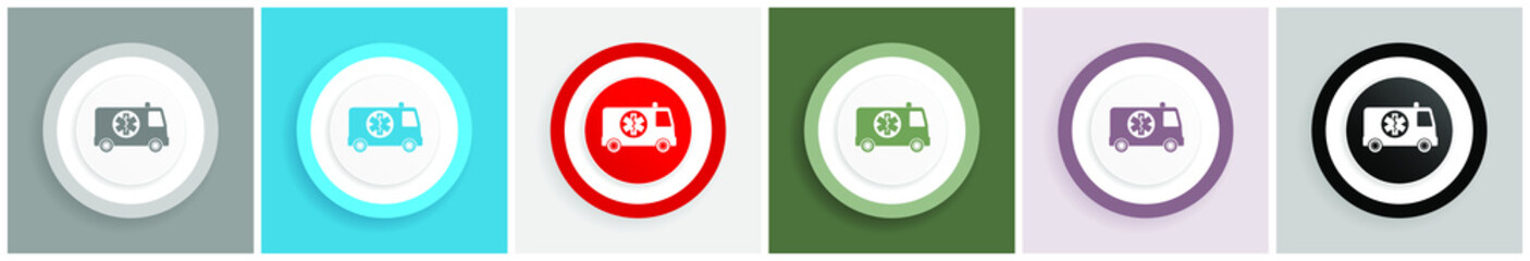 Aufkleber - Ambulance icon set, colorful flat design vector illustrations in 6 options for web design and mobile applications