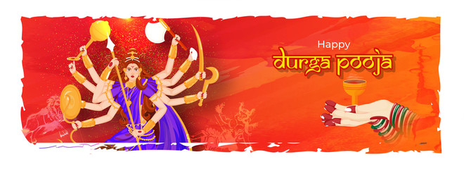 Wall Mural - Creative header or banner design with illustration of Goddess Durga and woman hand holding dhunuchi dhoop for Happy Durga Puja celebration concept.