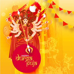 Sticker - Creative poster or template design with illustration of Hindu Mythological Goddess Durga for Happy Durga Puja celebration concept.