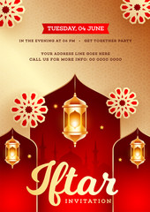 Wall Mural - Iftar party invitation card design with golden illuminated lanterns hang on islamic seamless pattern background with event details.