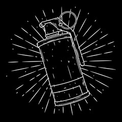 Poster - Smoke Grenade. Hand drawn vector illustration with a grenade and divergent rays. Used for poster, banner, web, t-shirt print, bag print, badges, flyer, logo design and more.