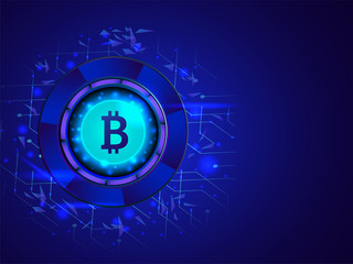 Wall Mural - Glowing bitcoin on glossy blue digital background for crypto mining concept based isometric design.