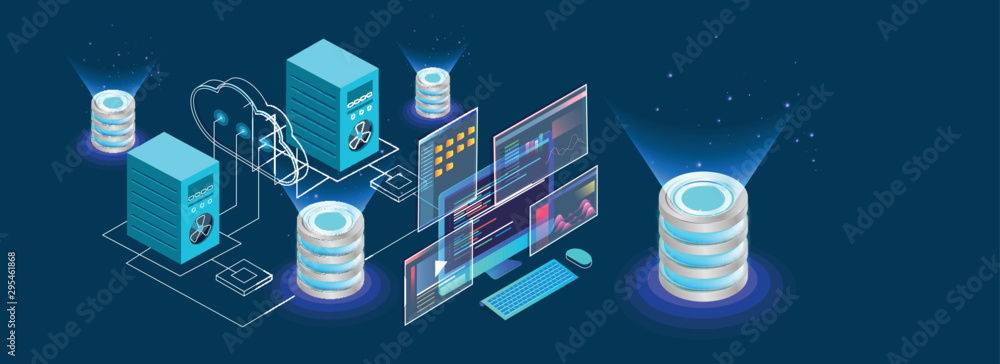 Isometric desktop connected to servers and database on blue background ...