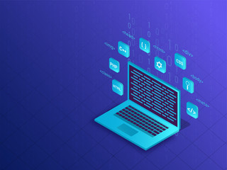Wall Mural - isometric illustration of laptop with different programming languages on matrix coding blue backgrou