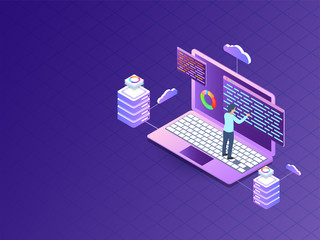 Canvas Print - 3D illustration of cloud servers connected with laptop, programmer fix the problem on purple background for Data Management concept.