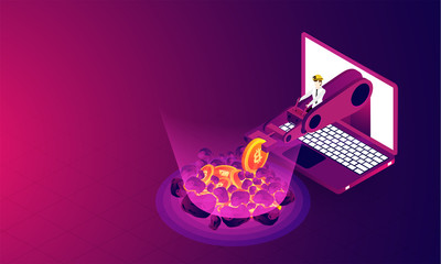 Wall Mural - crypto mining concept based isometric design, man working with robotic arm in laptop screen on gloss