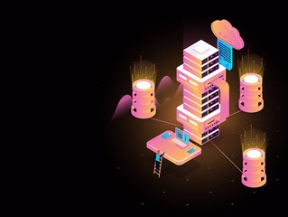 Canvas Print - data center connected with multiple database and laptop, man analysis the data, isometric design for