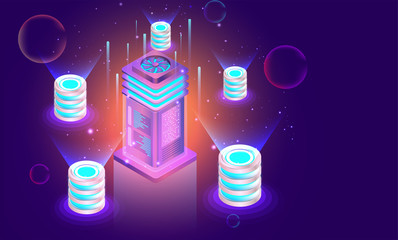 Canvas Print - 3d illustration of big data server connected with multiple database on blue background for data cent