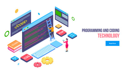 Wall Mural - programming and coding technology concept, miniature programmer fixing the problem, website under ma