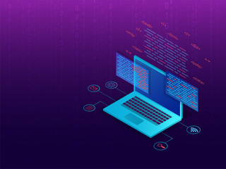 Sticker - Coding and programming concept, isometric illustration of laptop with multiple programing screens on matrix coding background.