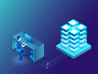 Poster - Data Management concept based isometric design with glowing servers, analyst analysis or maintain the data on desktop.