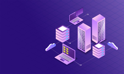 Wall Mural - data management concept with 3d data server connected to laptop and cloud servers on purple backgrou