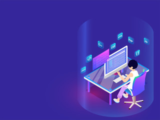 Poster - Developer working on desktop, different programing languages signs on shiny blue background for Software programming concept based isometric design.