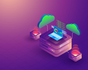 Wall Mural - cloud server connect with laptop on glossy purple background, isometric design for data center conce