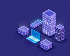 Wall Mural - 3d data server connected with laptop and mini server on blue background for data center concept.