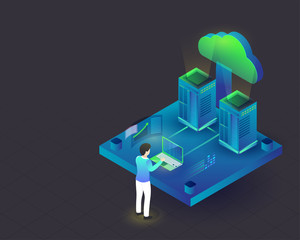 Wall Mural - 3d data server connected with cloud server, man analysis the data, isometric design for data managem