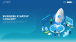 Creative Business Startup banner or landing page design with illustration of Business people working on a project on blue background.