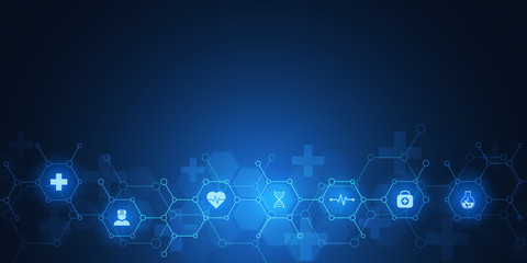 Wall Mural - Healthcare and technology concept with flat icons and symbols. Template design for health care business, innovation medicine, science background, medical research.