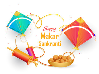 Wall Mural - Happy Makar Sankranti greeting card design decorated with kites, shiny spool and Indian sweets on white background.